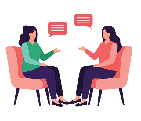 Two women in chairs talking with speech bubbles