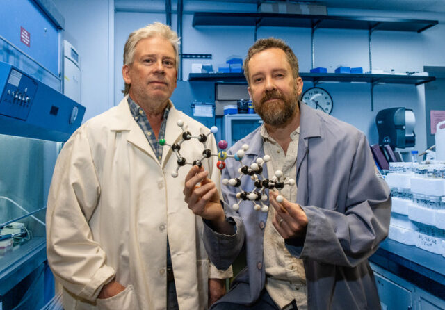 Two chemistry researchers hold molecular models related to brain cancer research