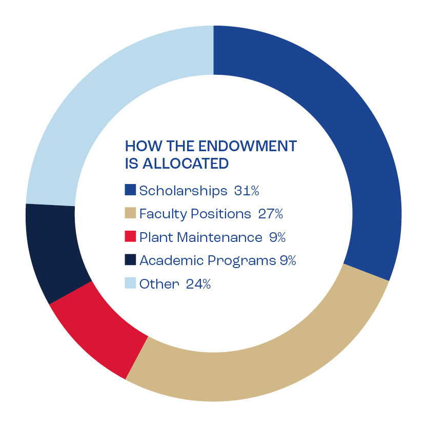 Pie chart showing utulsa endowments allocation: 31% scholarships, 27% faculty, 9% plant, 9% academic, 24% other.