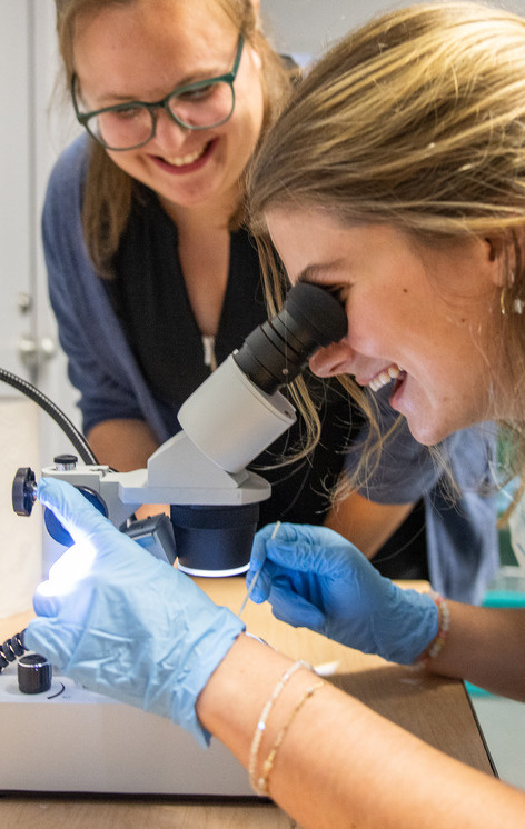 Two women using a microscope