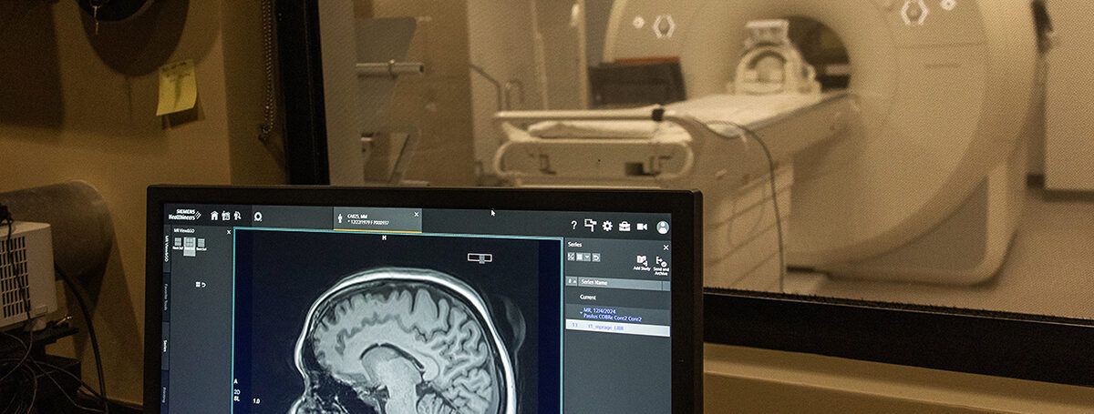 Brain MRI scan displayed on a monitor at Laureate Institute for Brain Research