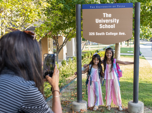 Two girls at University School entrance