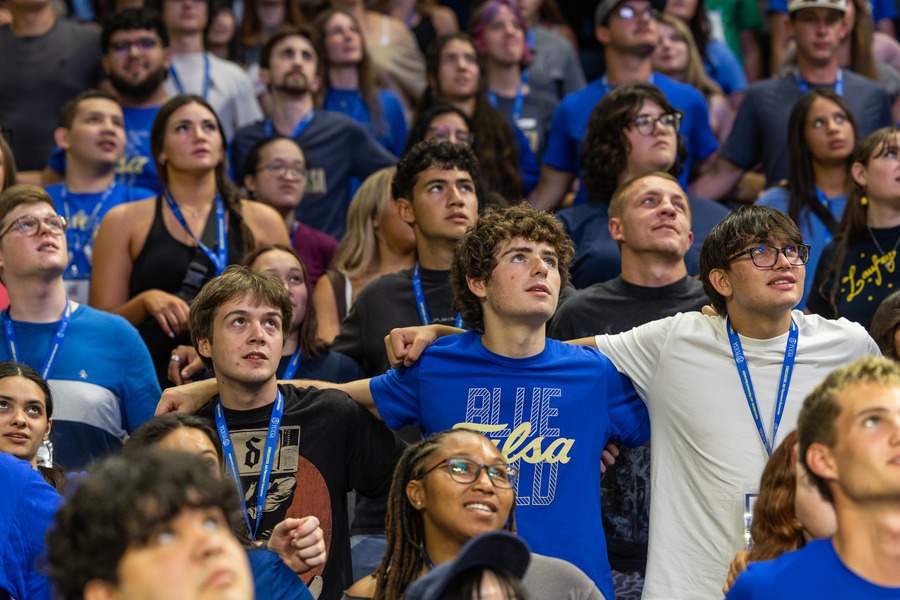 Students look up at commencement 2026