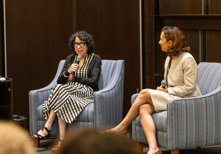 Supreme Court Justice Sonia Sotomayor speaking to audience with Professor Janet Levit