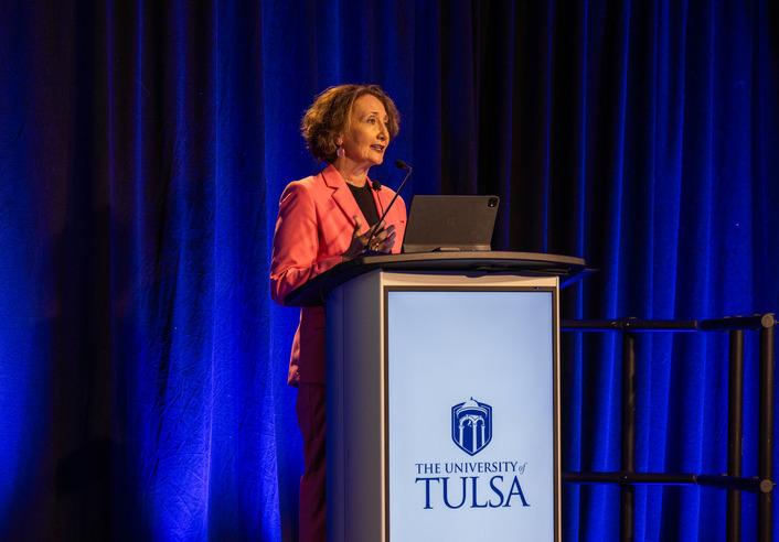 UTulsa President Stacy Leeds speaks at a podium