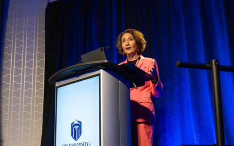 President Stacy Leeds at UTulsa podium